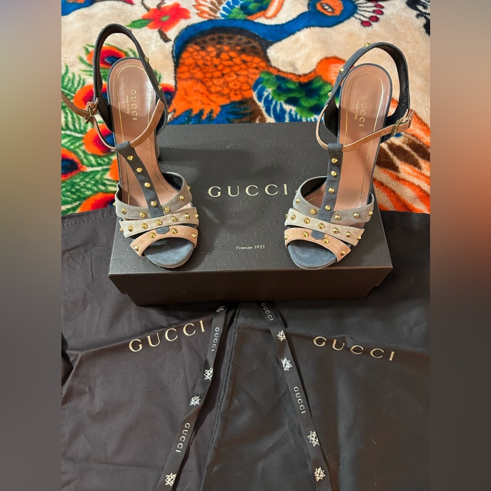 **SOLD** Gucci 5” Heeled Sandals w/ Gold Studs - EUC